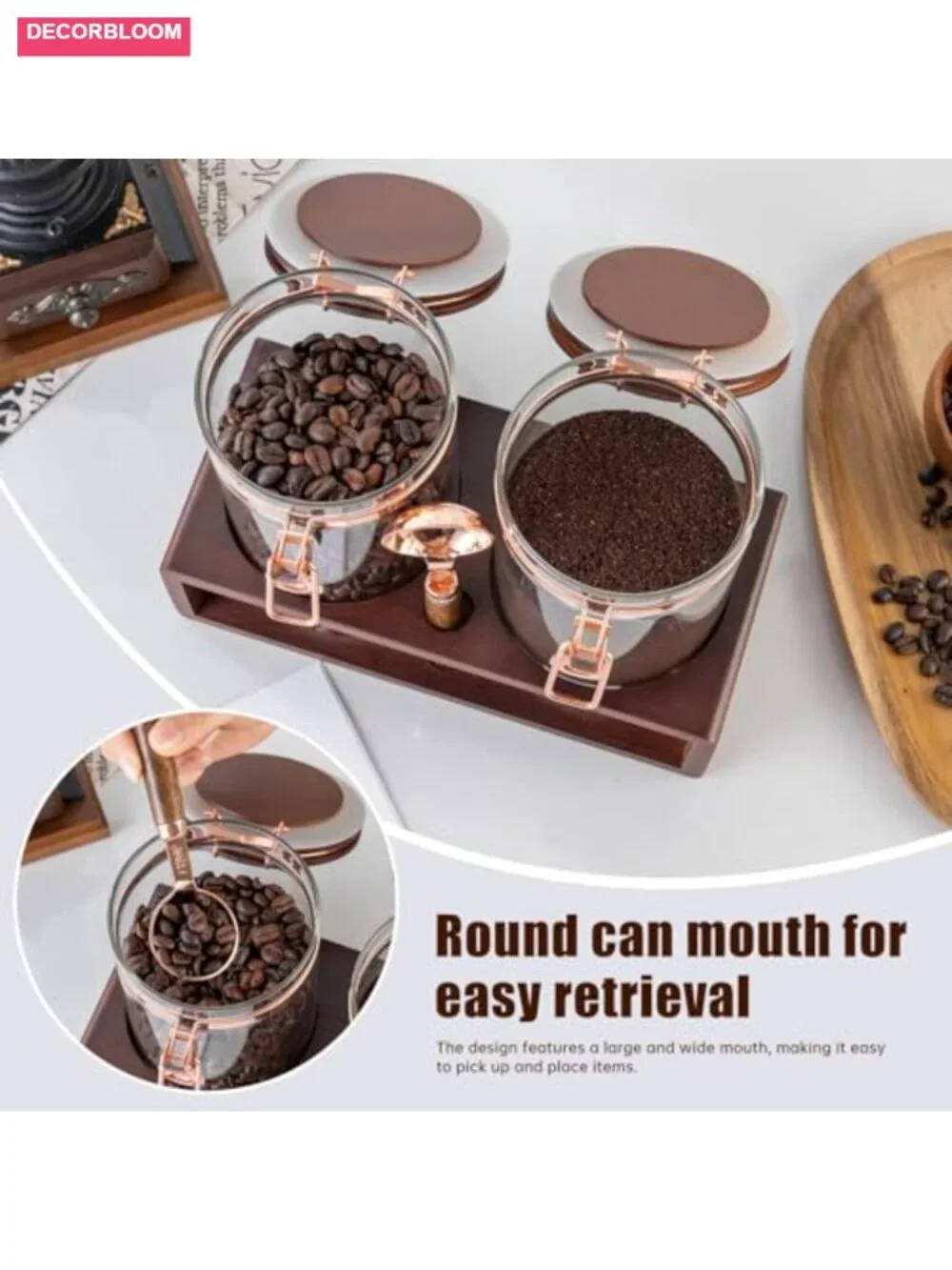 Glass Coffee Container with Wooden Shelf, 2x40 oz, Airtight Food Storage Jar